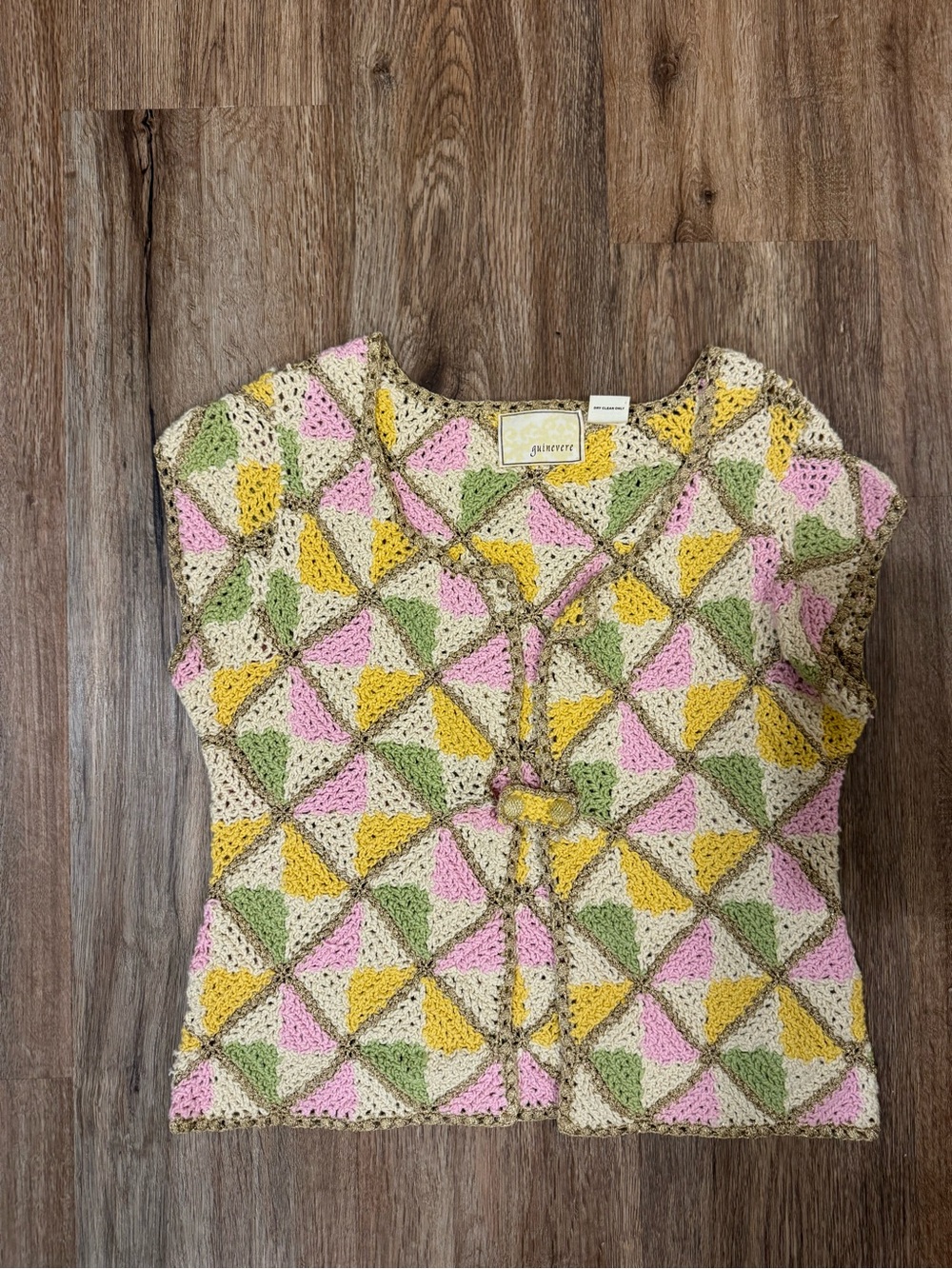 GANNI Crochet Short Sleeve Tie-Front Top in Pink, Yellow & Green